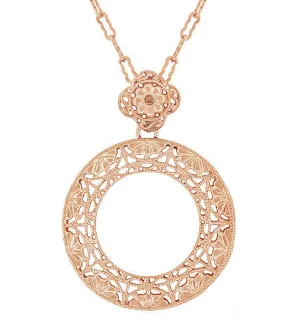 Art Deco Eternal Circle of Love Filigree Pendant Necklace in Sterling Silver with Rose Gold Vermeil