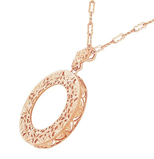 Art Deco Eternal Circle of Love Filigree Pendant Necklace in Sterling Silver with Rose Gold Vermeil