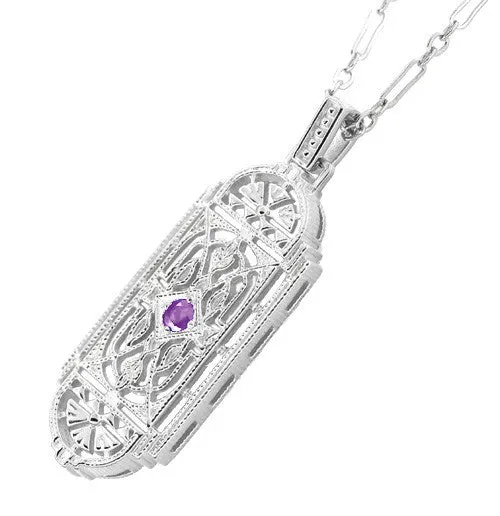 Art Deco Filigree Amethyst Geometric Pendant Necklace in Sterling Silver