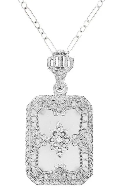 Art Deco Filigree Camphor Crystal and Diamond Rectangular Pendant Necklace in 14 Karat White Gold
