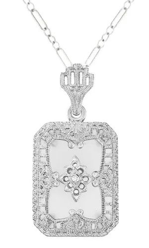 Art Deco Filigree Camphor Crystal and Diamond Rectangular Pendant Necklace in 14 Karat White Gold