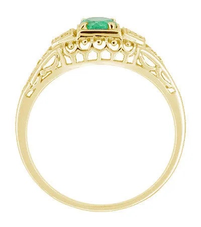 Art Deco Filigree Emerald and Diamonds Engagement Ring in 14 Karat Yellow Gold