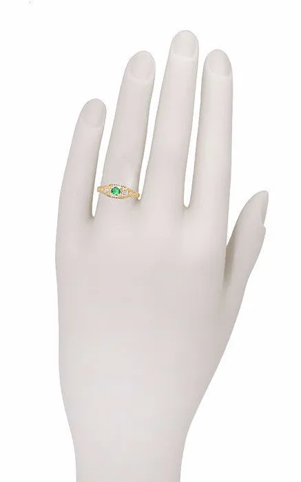 Art Deco Filigree Emerald and Diamonds Engagement Ring in 14 Karat Yellow Gold