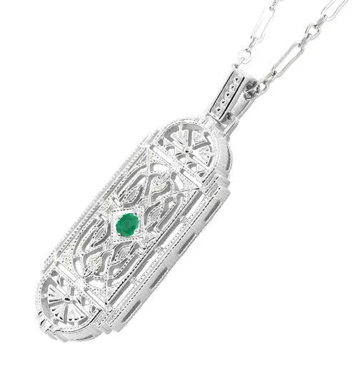 Art Deco Filigree Emerald Geometric Pendant Necklace in Sterling Silver