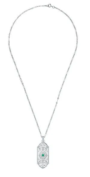 Art Deco Filigree Emerald Geometric Pendant Necklace in Sterling Silver