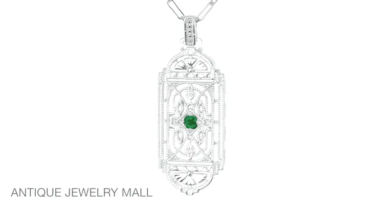 Art Deco Filigree Emerald Geometric Pendant Necklace in Sterling Silver