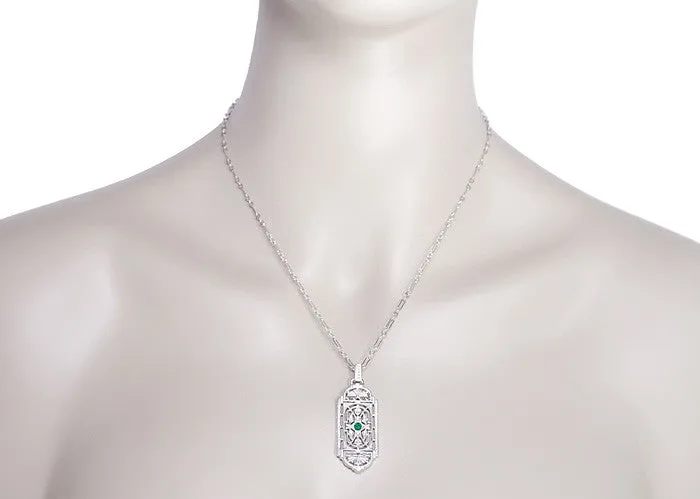 Art Deco Filigree Emerald Geometric Pendant Necklace in Sterling Silver