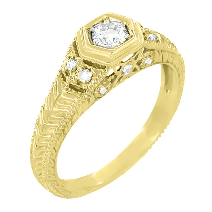 Art Deco Filigree Engraved Hexagon Yellow Gold Vintage Style Diamond Engagement Ring - 1/3 Carat T.W.