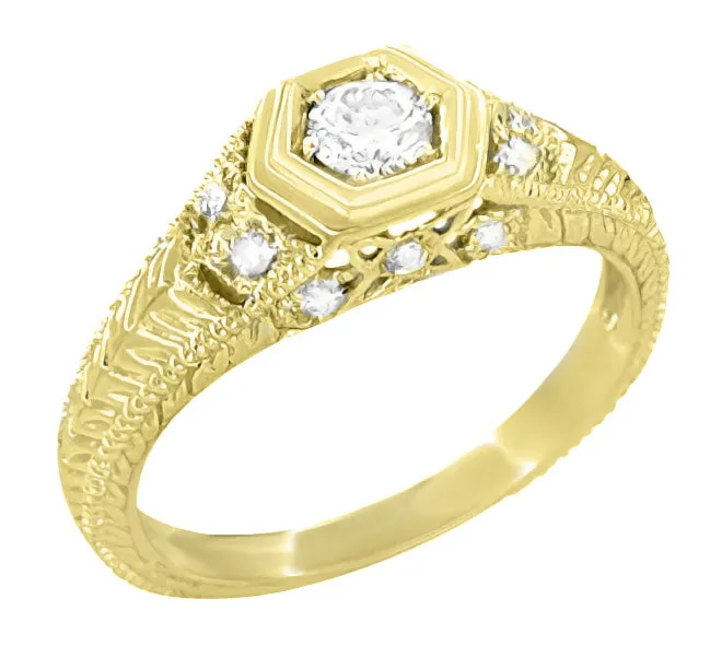 Art Deco Filigree Engraved Hexagon Yellow Gold Vintage Style Diamond Engagement Ring - 1/3 Carat T.W.