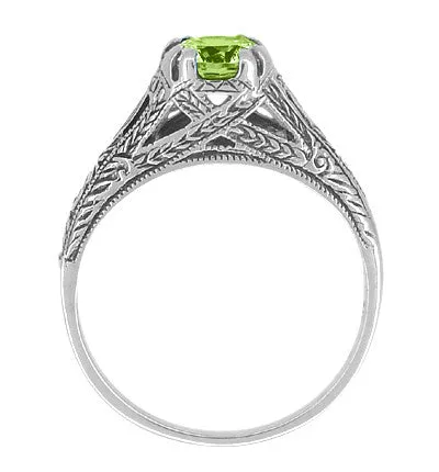 Art Deco Filigree Engraved Peridot Promise Ring in Sterling Silver