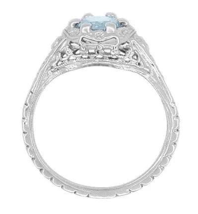 Art Deco Filigree Flowers Aquamarine Engagement Ring in 14 Karat White Gold