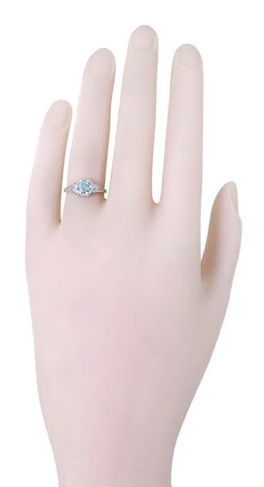 Art Deco Filigree Flowers Aquamarine Engagement Ring in 14 Karat White Gold
