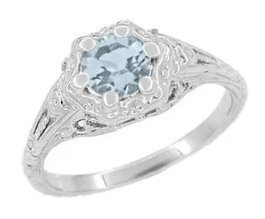 Art Deco Filigree Flowers Aquamarine Engagement Ring in 14 Karat White Gold