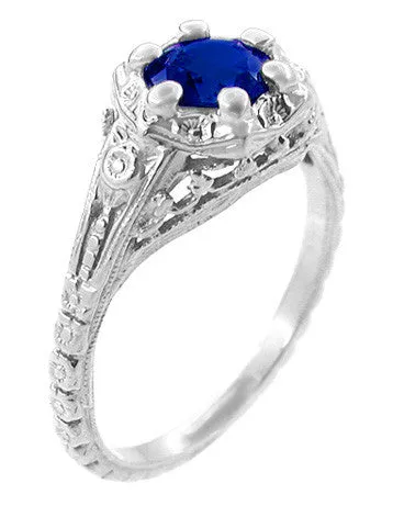 Art Deco Filigree Flowers Lab Created Sapphire Engagement Ring in 14 Karat White Gold