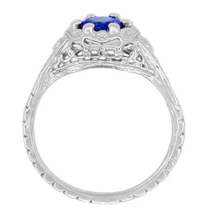 Art Deco Filigree Flowers Lab Created Sapphire Engagement Ring in 14 Karat White Gold