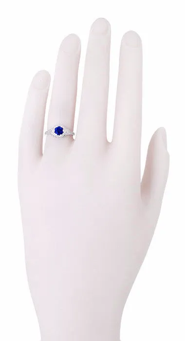 Art Deco Filigree Flowers Lab Created Sapphire Engagement Ring in 14 Karat White Gold