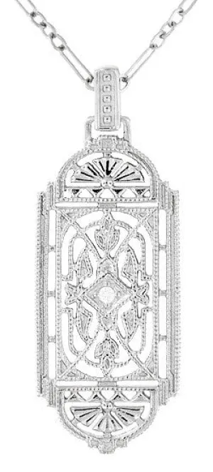 Art Deco Filigree Geometric Diamond Pendant Necklace in Sterling Silver
