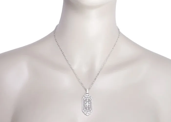 Art Deco Filigree Geometric Diamond Pendant Necklace in Sterling Silver