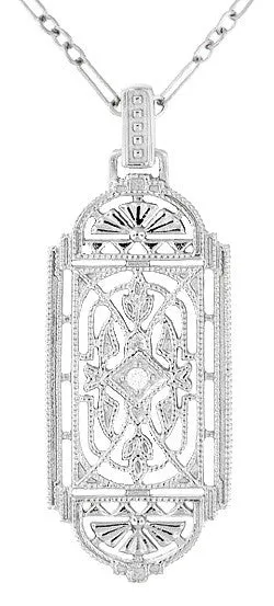 Art Deco Filigree Geometric Diamond Pendant Necklace in Sterling Silver