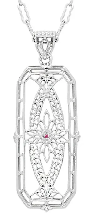 Art Deco Filigree Ichthys Fish Ruby Pendant - Sterling Silver Vintage Necklace Design