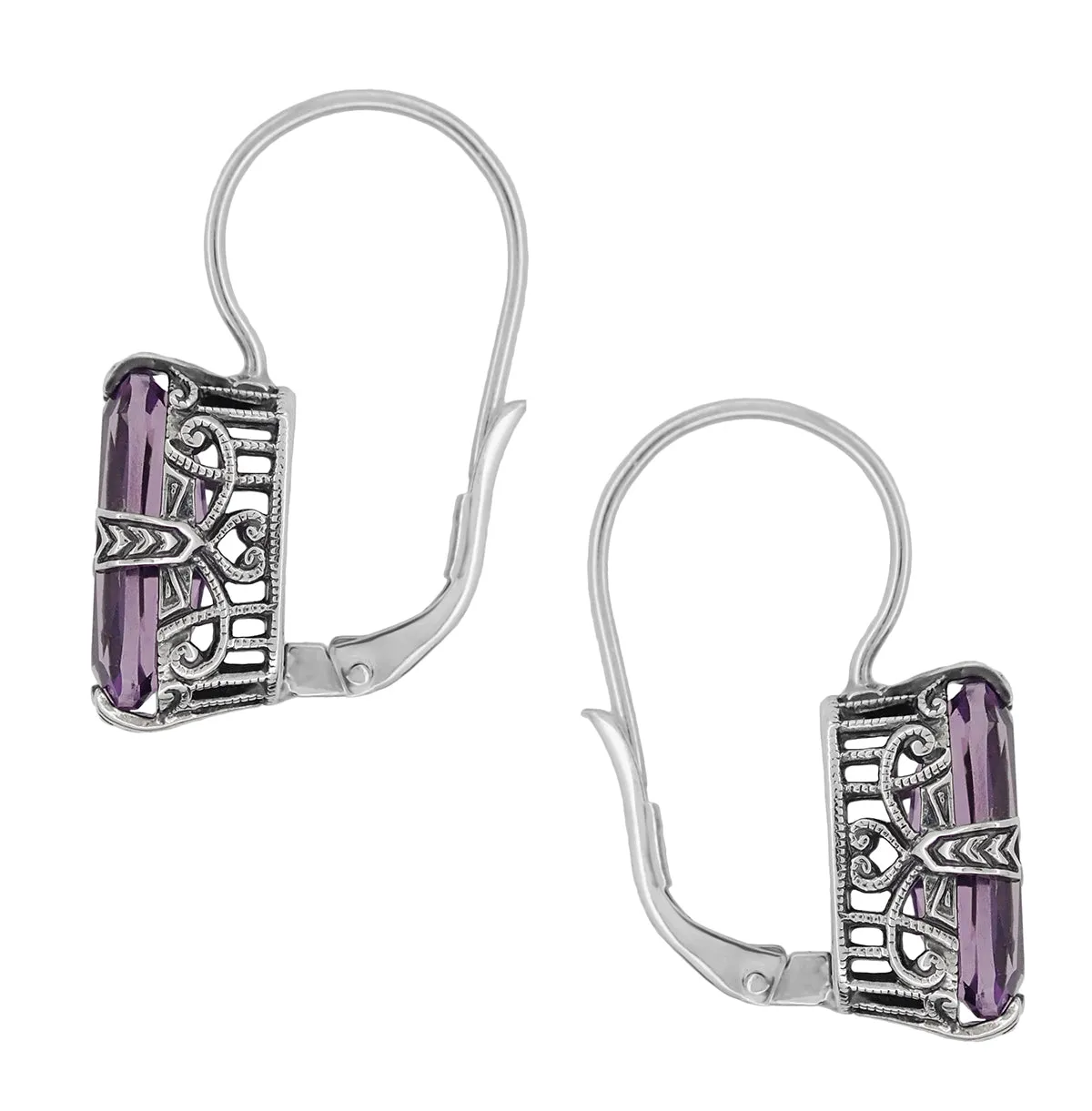 Art Deco Filigree Long Cushion Cut Lilac Amethyst Earrings in Sterling Silver