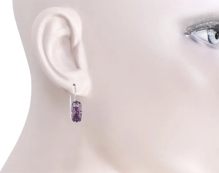 Art Deco Filigree Long Cushion Cut Lilac Amethyst Earrings in Sterling Silver
