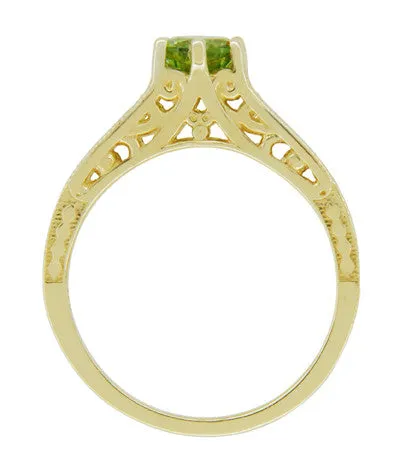 Art Deco Filigree Peridot and Diamond Engagement Ring in 14 Karat Yellow Gold