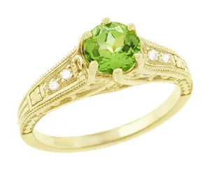 Art Deco Filigree Peridot and Diamond Engagement Ring in 14 Karat Yellow Gold