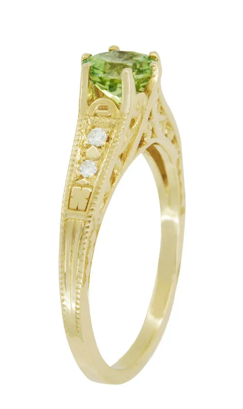 Art Deco Filigree Peridot and Diamond Engagement Ring in 14 Karat Yellow Gold