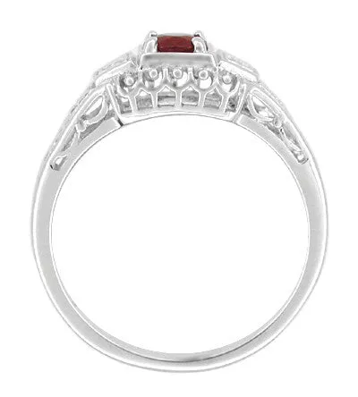Art Deco Filigree Ruby Promise Ring in Sterling Silver with Diamond Side Stones