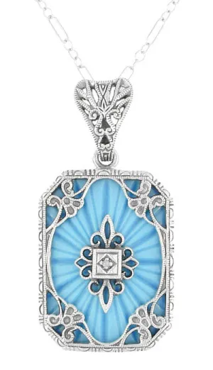 Art Deco Filigree Scrolls Starburst Diamond Set Pendant Necklace in Sterling Silver