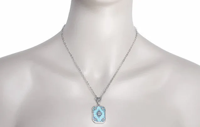 Art Deco Filigree Scrolls Starburst Diamond Set Pendant Necklace in Sterling Silver