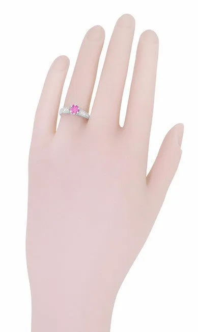 Art Deco Filigree Vintage Style Pink Sapphire and Diamond Platinum Engagement Ring