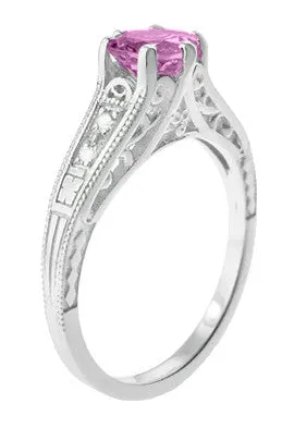 Art Deco Filigree Vintage Style Pink Sapphire and Diamond Platinum Engagement Ring