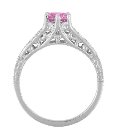 Art Deco Filigree Vintage Style Pink Sapphire and Diamond Platinum Engagement Ring
