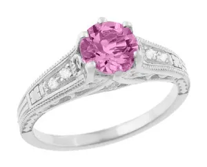 Art Deco Filigree Vintage Style Pink Sapphire and Diamond Platinum Engagement Ring