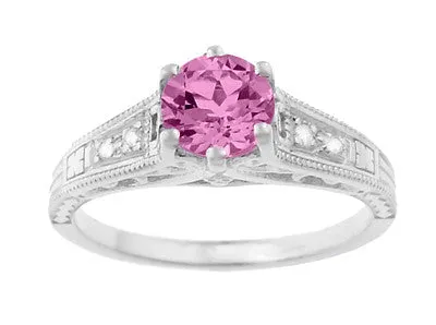 Art Deco Filigree Vintage Style Pink Sapphire and Diamond Platinum Engagement Ring