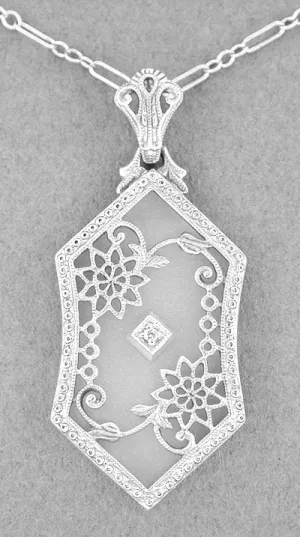 Art Deco Floral Filigree Camphor Crystal and Diamond Pendant Necklace in Sterling Silver