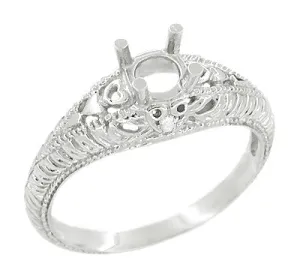Art Deco Hearts and Diamonds 1/3 Carat Diamond Filigree Engagement Semimount Ring in 14 Karat White Gold