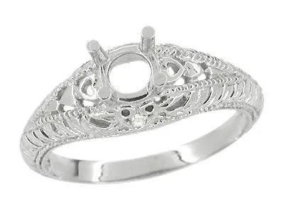 Art Deco Hearts and Diamonds 1/3 Carat Diamond Filigree Engagement Semimount Ring in 14 Karat White Gold