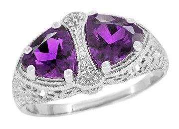 Art Deco Loving Duo Filigree 2 Stone Amethyst Ring in Sterling Silver