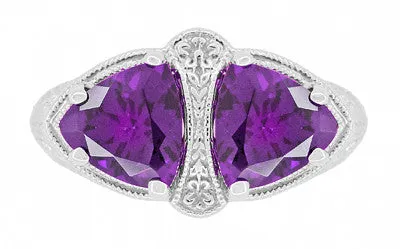 Art Deco Loving Duo Filigree 2 Stone Amethyst Ring in Sterling Silver