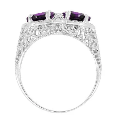 Art Deco Loving Duo Filigree 2 Stone Amethyst Ring in Sterling Silver