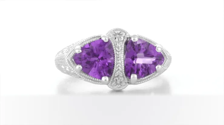 Art Deco Loving Duo Filigree 2 Stone Amethyst Ring in Sterling Silver