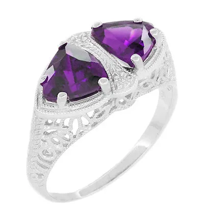 Art Deco Loving Duo Filigree 2 Stone Amethyst Ring in Sterling Silver