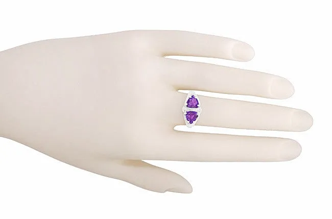 Art Deco Loving Duo Filigree 2 Stone Amethyst Ring in Sterling Silver