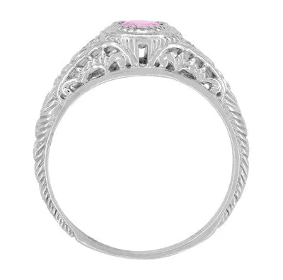 Art Deco Low Dome Engraved Filigree Pink Sapphire Engagement Ring with Side Diamonds in White Gold