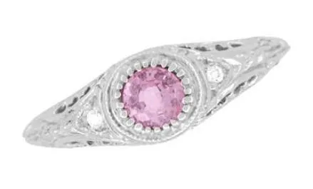 Art Deco Low Dome Engraved Filigree Pink Sapphire Engagement Ring with Side Diamonds in White Gold