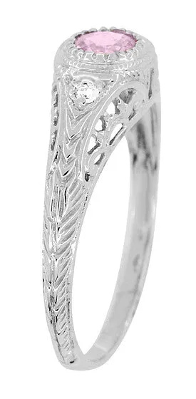 Art Deco Low Dome Engraved Filigree Pink Sapphire Engagement Ring with Side Diamonds in White Gold