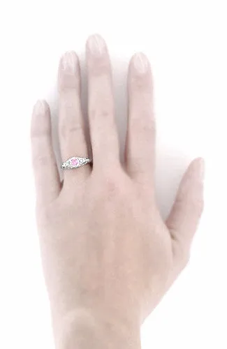 Art Deco Low Dome Engraved Filigree Pink Sapphire Engagement Ring with Side Diamonds in White Gold